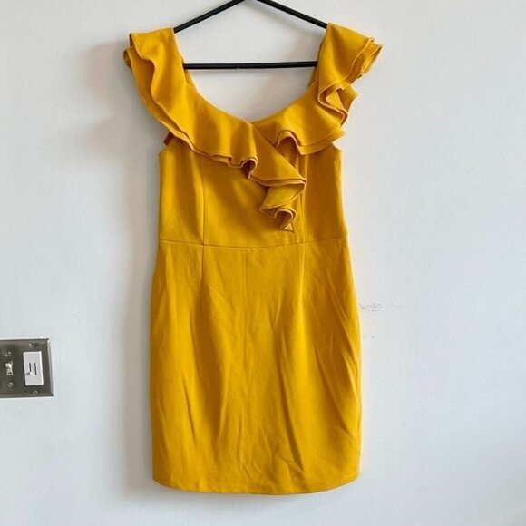 Lulus Off the Shoulder Gold Ruffled Mini Dress - L - Picture 1 of 5